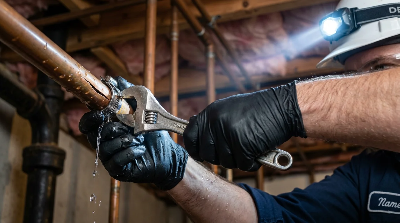 Emergency pipe clamp repair being performed by a Johns Plumbing LLC plumber in Oskaloosa