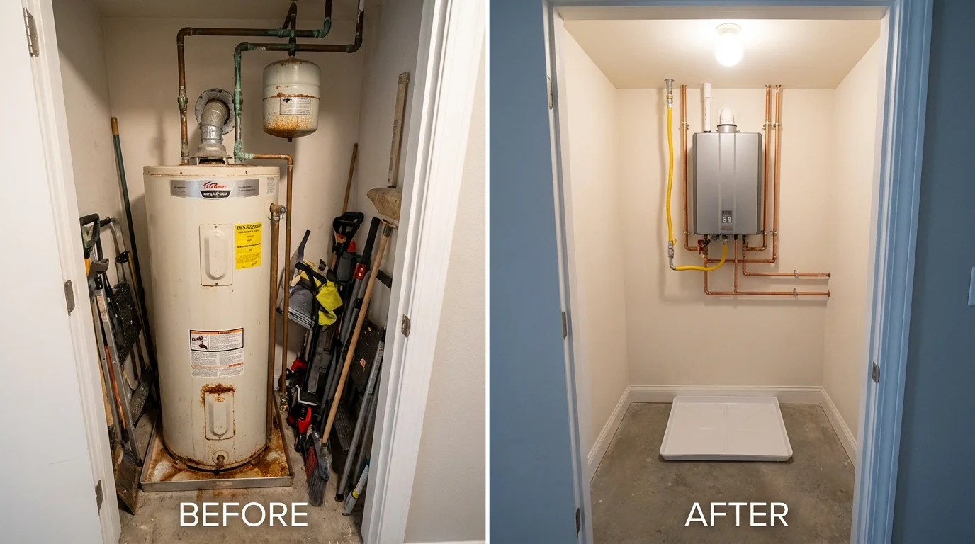 Tank water heater versus wall-mounted tankless unit comparison for Oskaloosa, IA homeowners