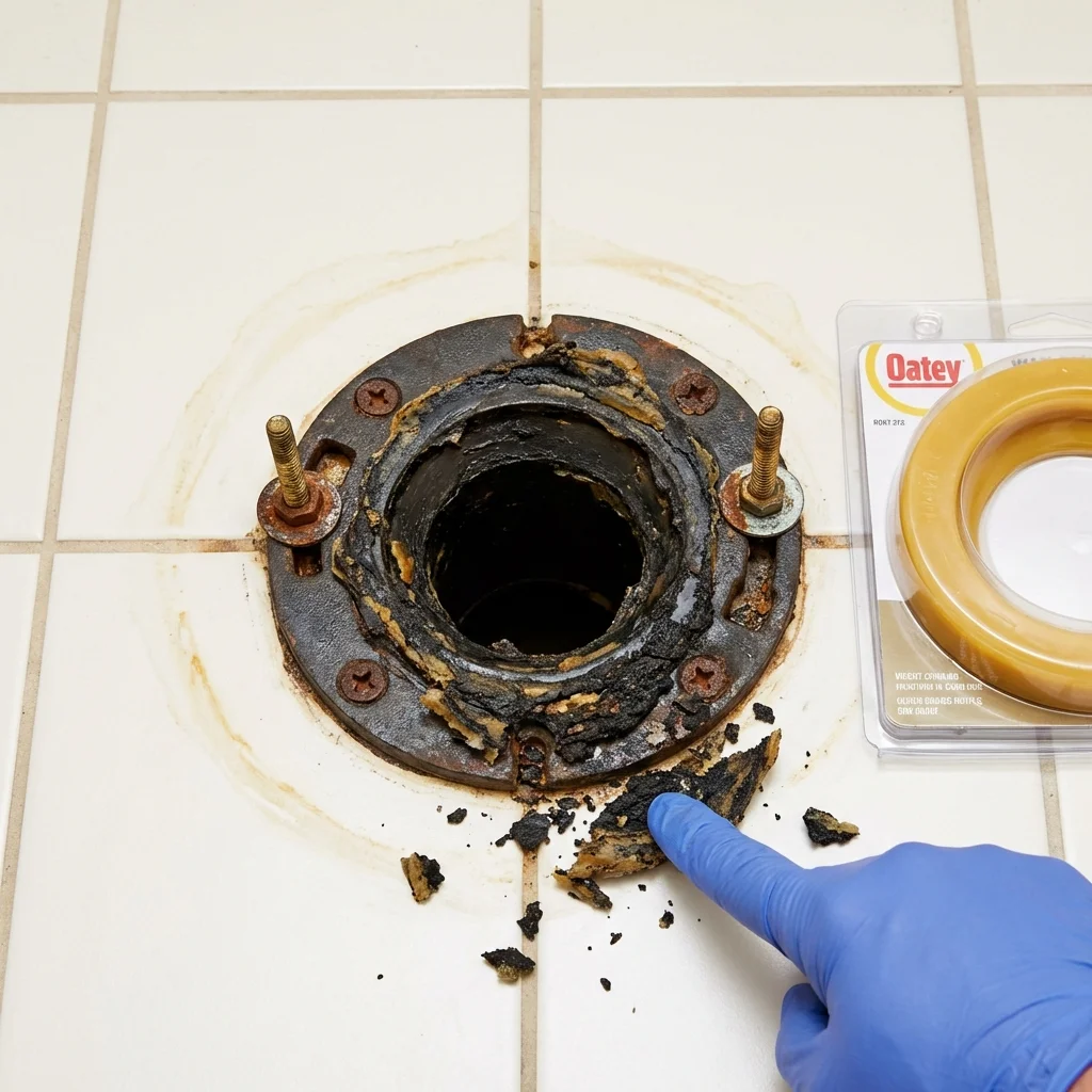 Failed wax ring showing water seepage at the base of a toilet in a Oskaloosa, IA home
