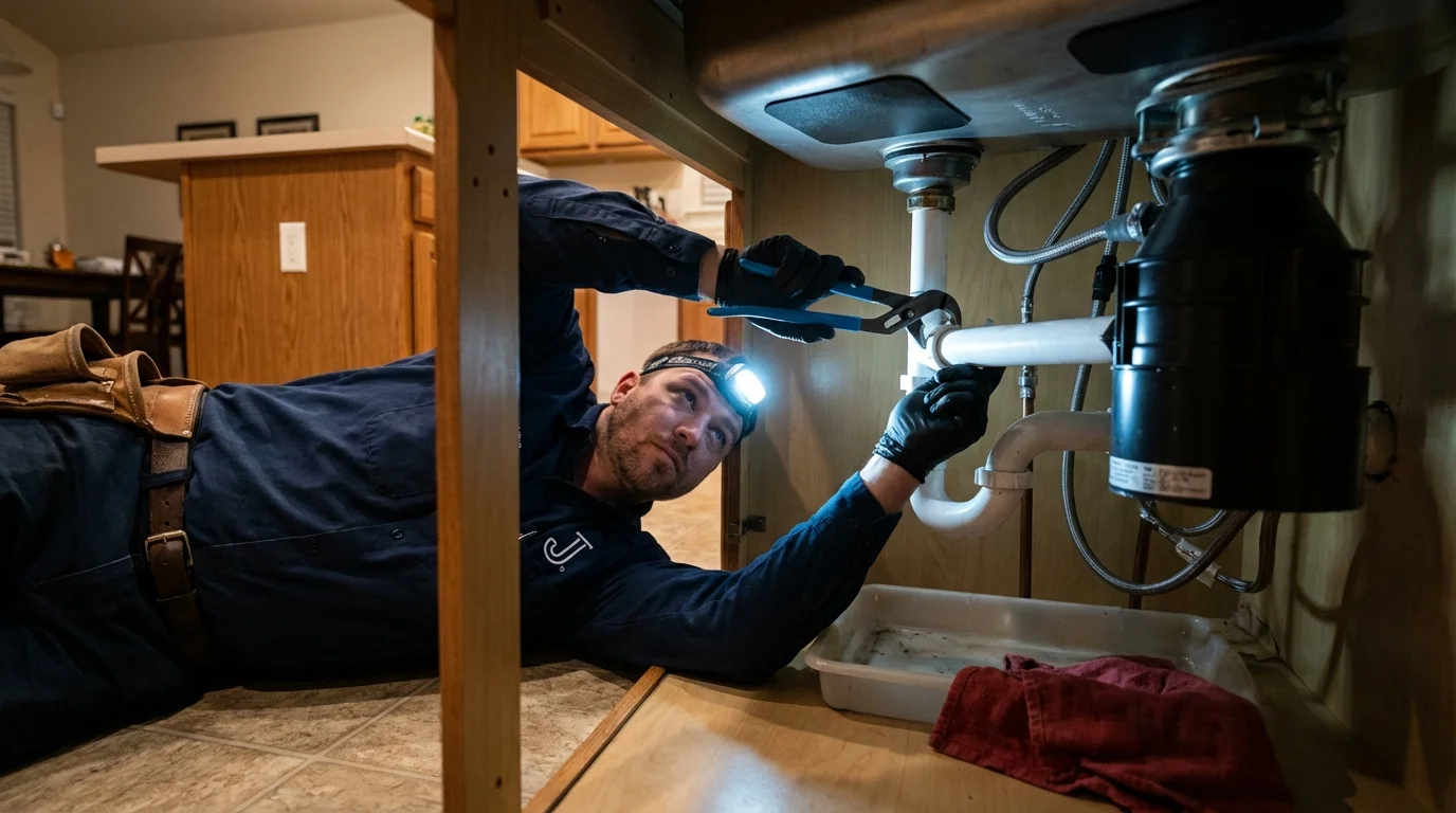 P-trap and supply line connections under a kitchen sink showing a common leak point in Oskaloosa, IA